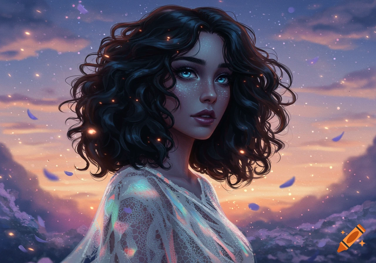 Stylized portrait of a woman with dark curly hair and blue eyes, sparkling with light against a twilight sky.