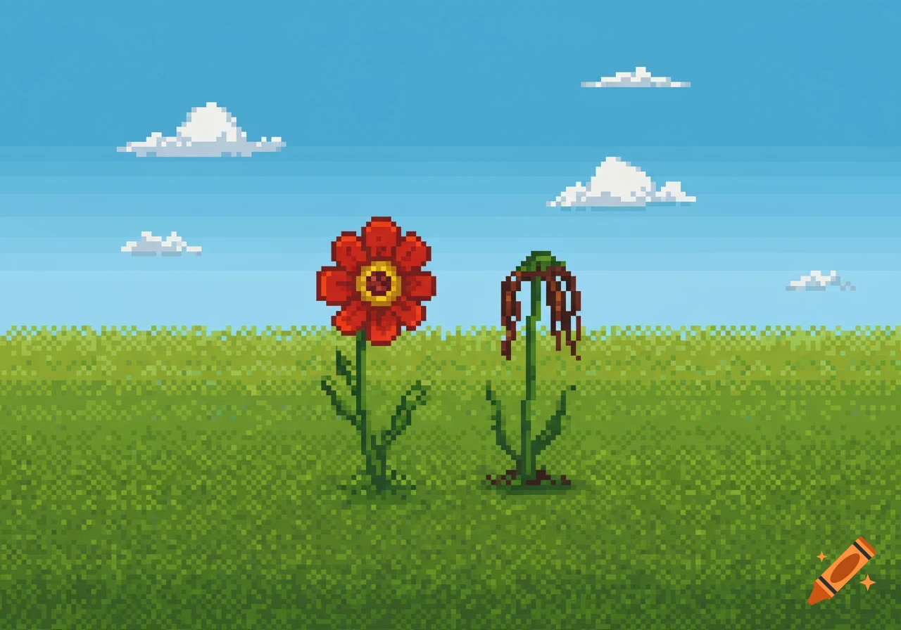 Pixel art of a blooming red flower contrasting with a withered brown flower in a green field under a blue sky with clouds.