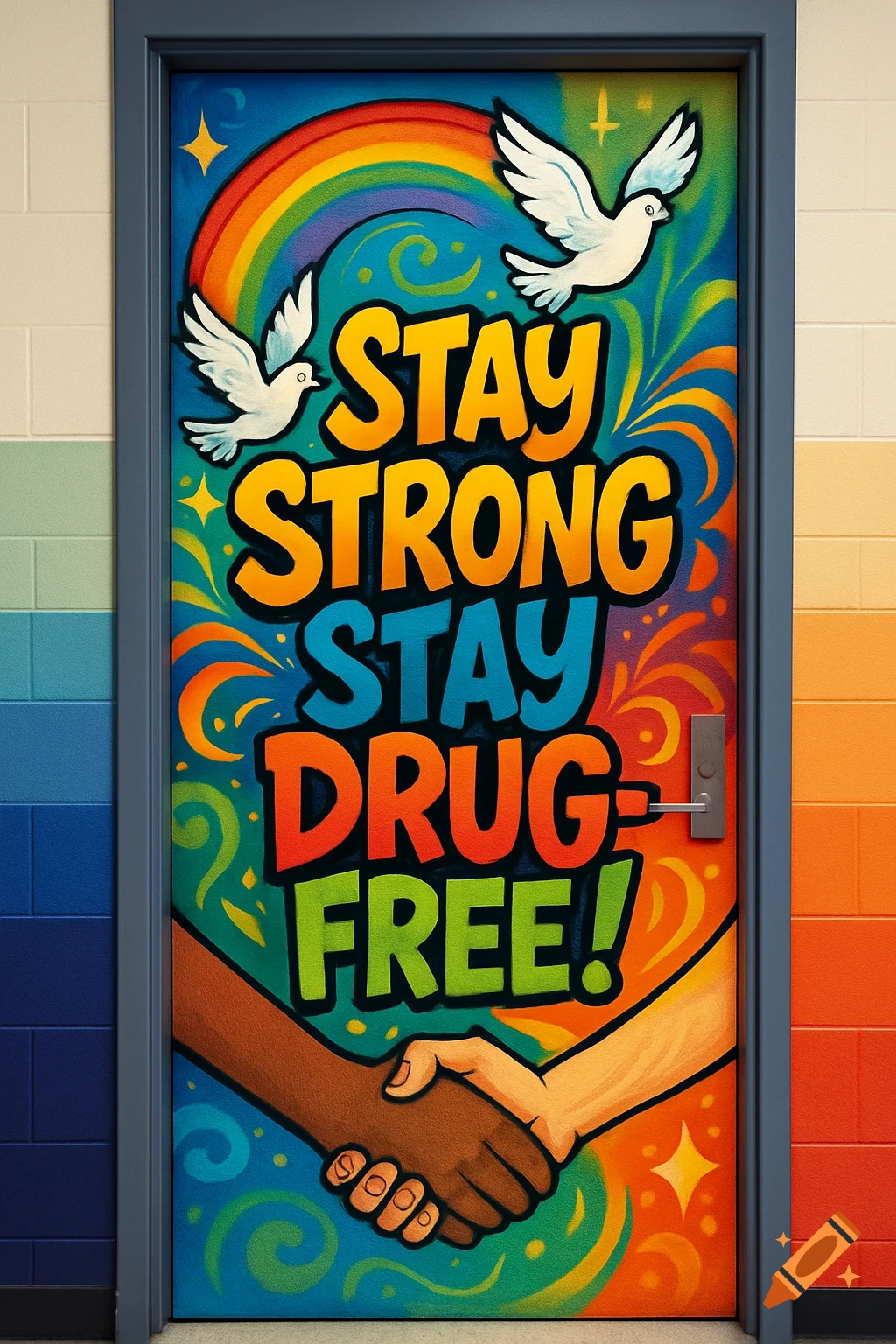 A colorful door mural with text 'STAY STRONG STAY DRUG-FREE!', featuring doves, a rainbow, and two hands shaking.