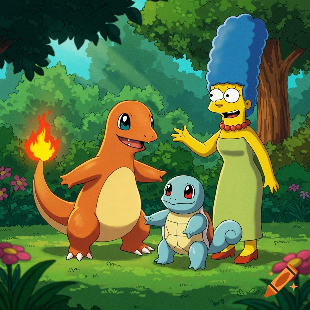 Marge Simpson, Charmander, and Squirtle stand together in a vibrant, green forest.