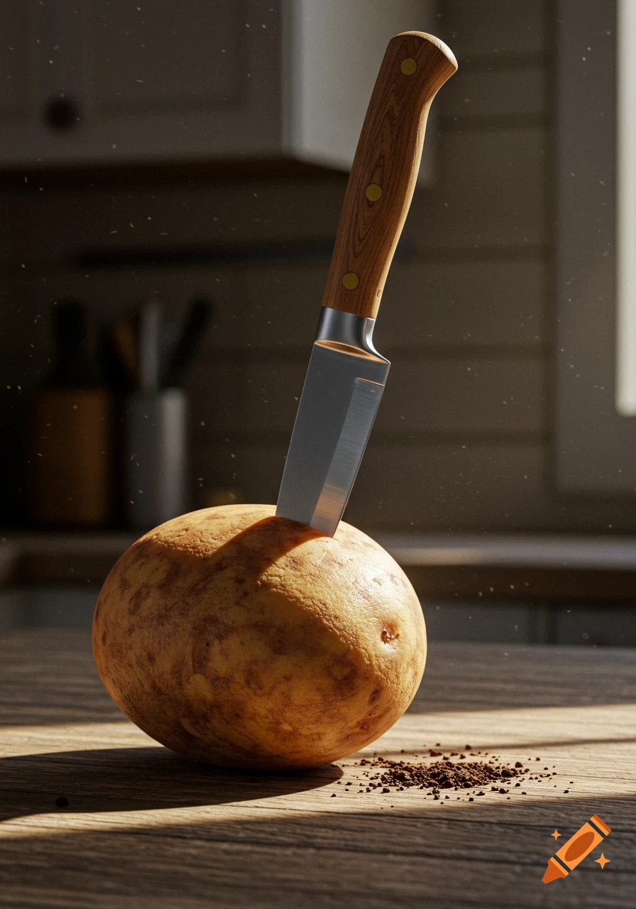 A close-up, photorealistic image of a chef's knife plunged into a potato on a wooden kitchen counter.