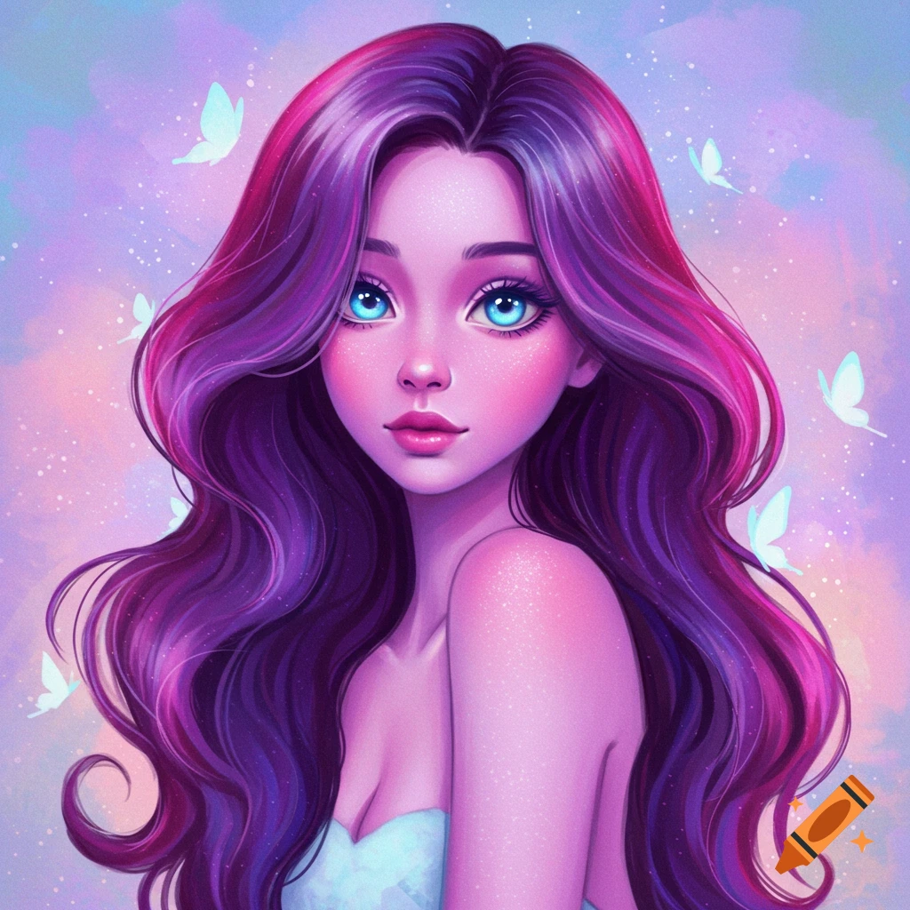 Digital art portrait of a fantasy girl with long purple hair, big blue eyes, pink skin, and a glowing butterfly background.