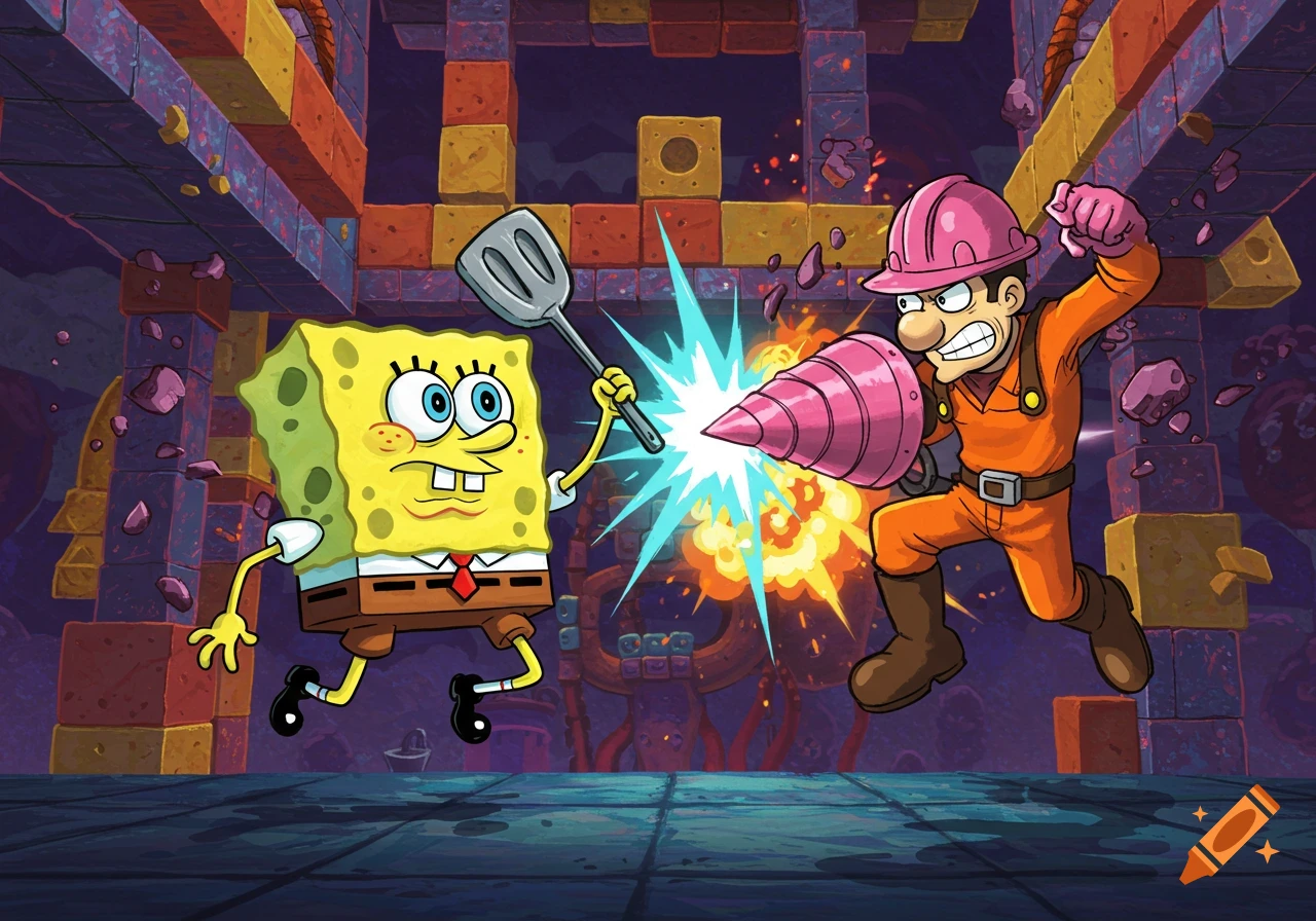 SpongeBob SquarePants with a spatula battles Susumu Hori wielding a large pink drill in a vibrant cartoon style. They are in a destructible block-filled underground arena, with an energy blast between them.