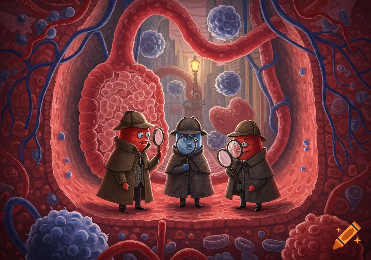 Three cartoon cells dressed as Sherlock Holmes detectives with magnifying glasses inside a human body, surrounded by vessels and other cells.