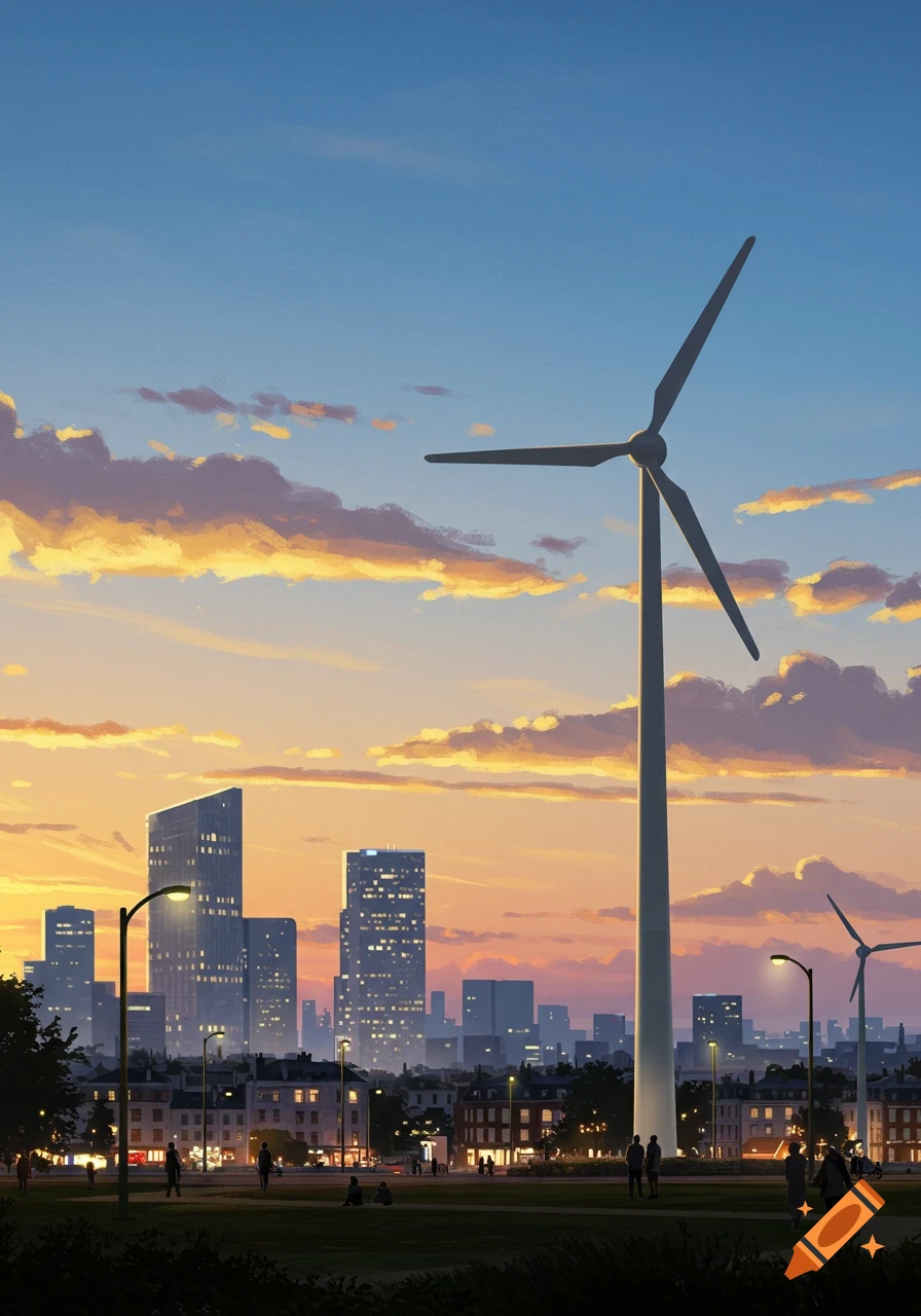 Illustrated city skyline with wind turbines at sunset.