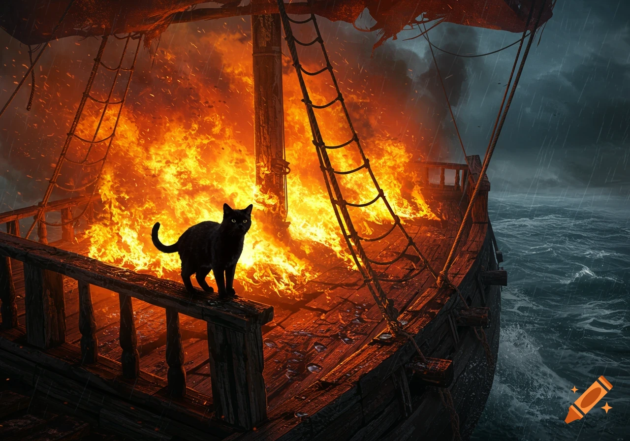 A black cat stands on the railing of a burning ship in a stormy ocean, rain falling around it in a photorealistic style.