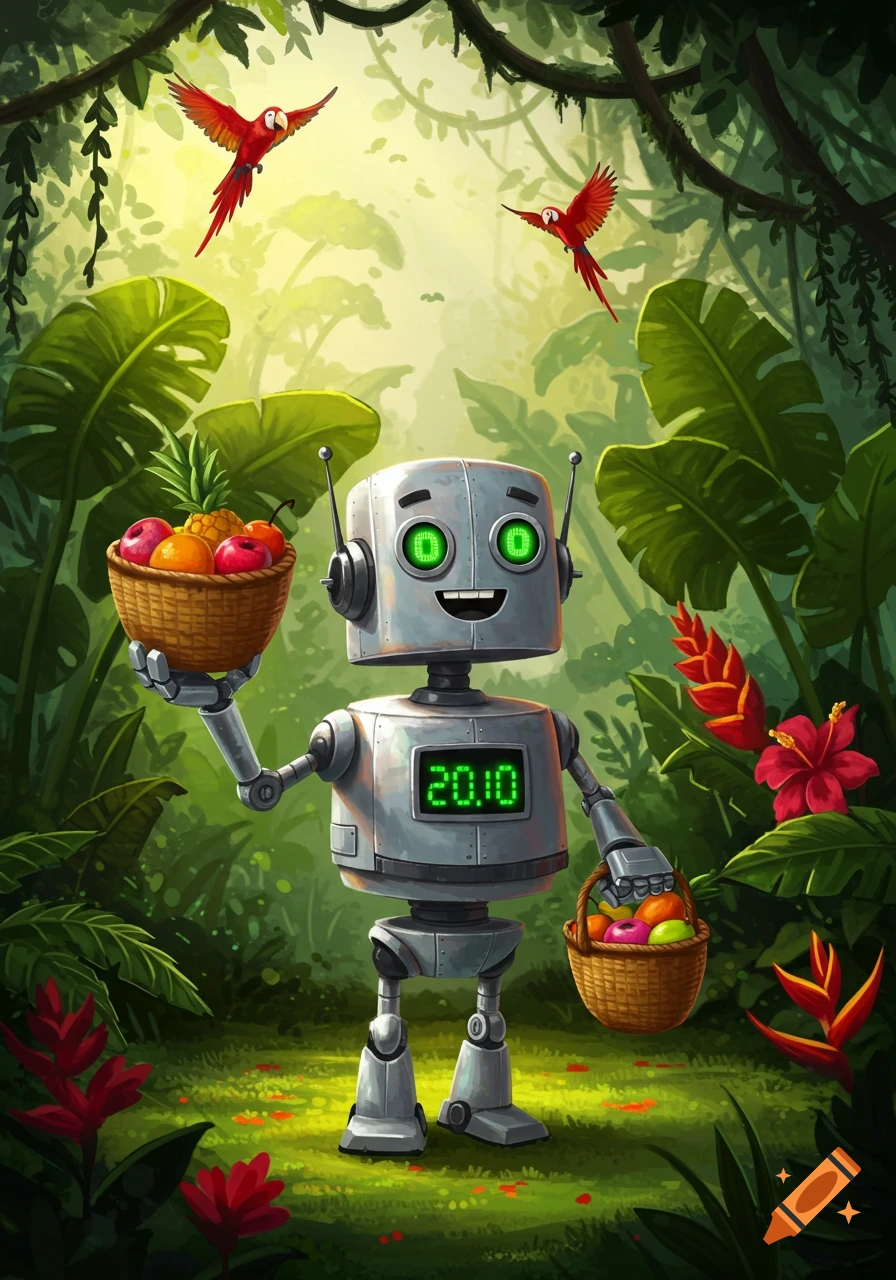 A happy cartoon robot holds two baskets of fruit in a vibrant jungle with red parrots flying overhead.