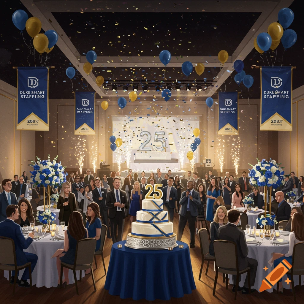 An anniversary celebration in a large hall with many people, blue and gold balloons, confetti, a large cake, and banners.