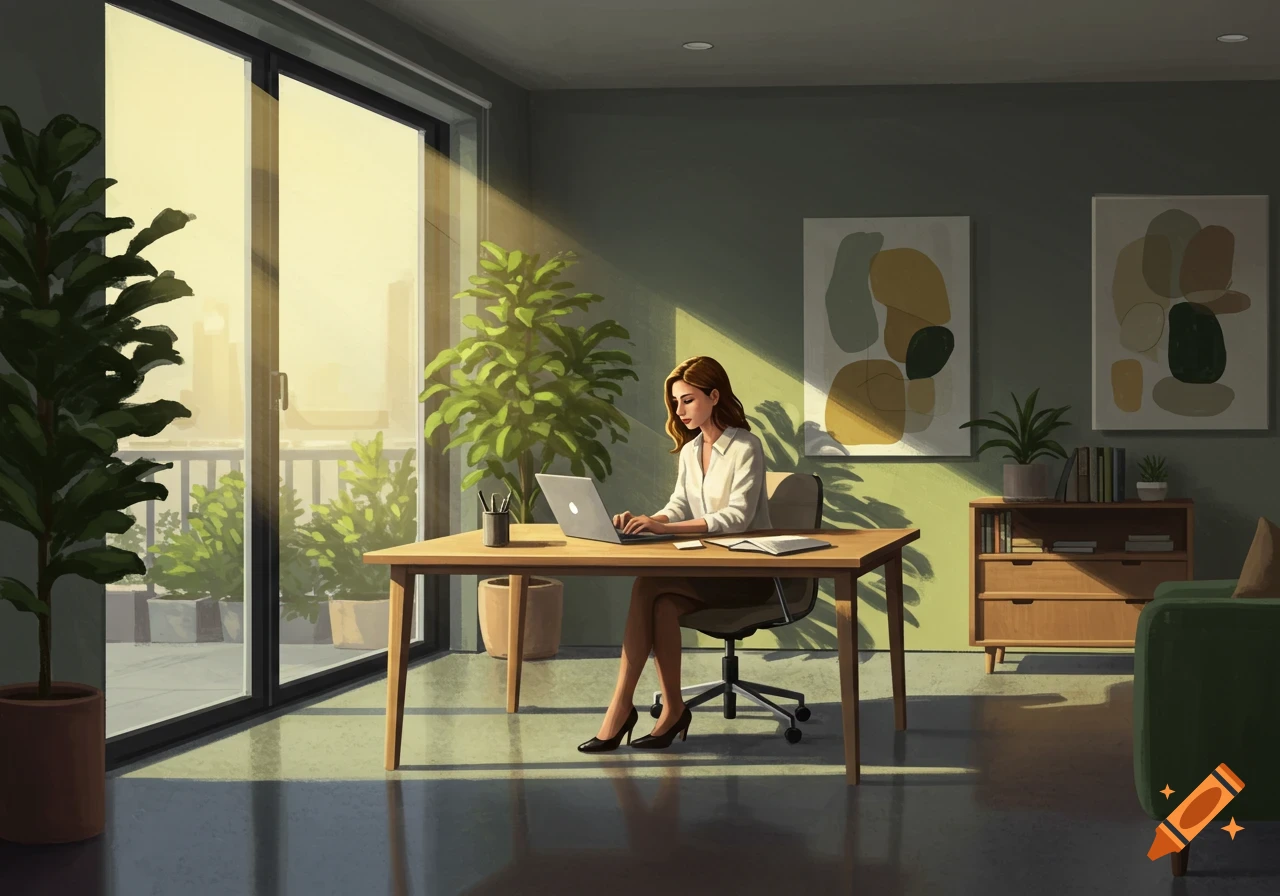 A woman works on a laptop at a wooden desk in a sunny, modern office with plants and abstract art, in an illustrative style.