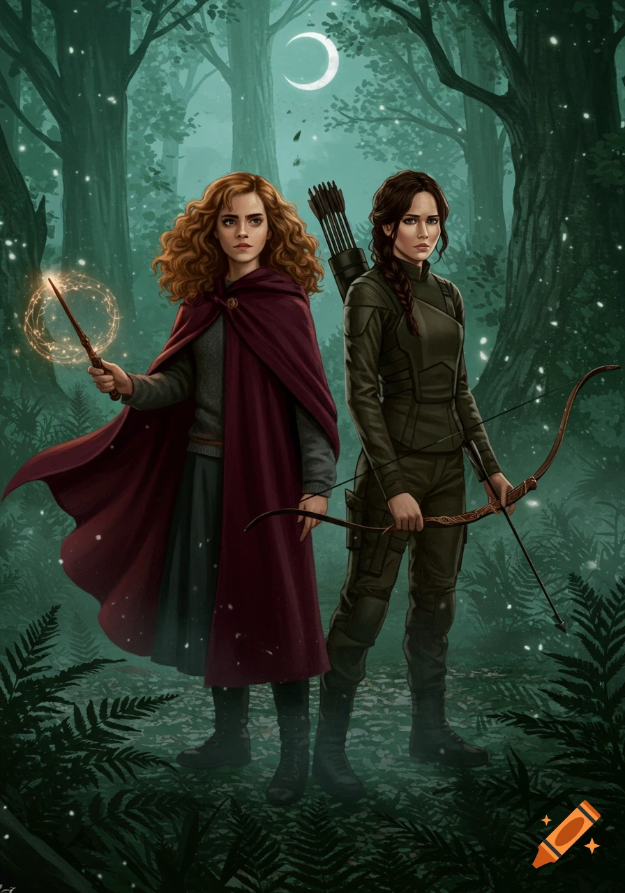 Illustration of Hermione Granger with a glowing wand and Katniss Everdeen with a bow and arrow, standing in a dark fantasy forest under a crescent moon.