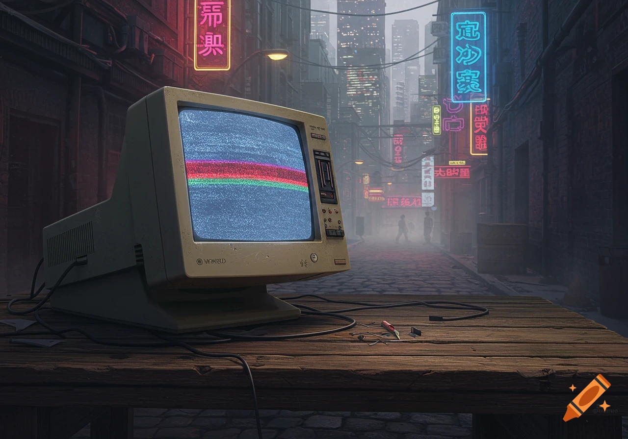 An old CRT monitor with static on its screen sits on a wooden table in a neon-lit, foggy dystopian city street.