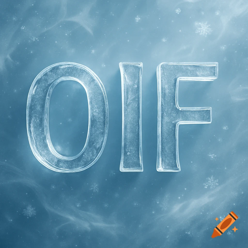 Icy blue letters OIF on a frosty background with snowflakes, in an artistic style.
