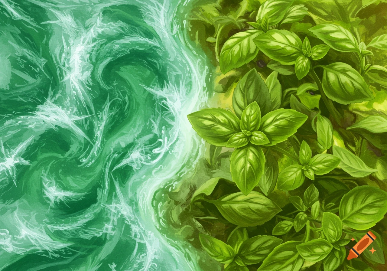 Vibrant green basil plants on the right, merging with swirling cool green and white patterns on the left, in a stylized illustration.