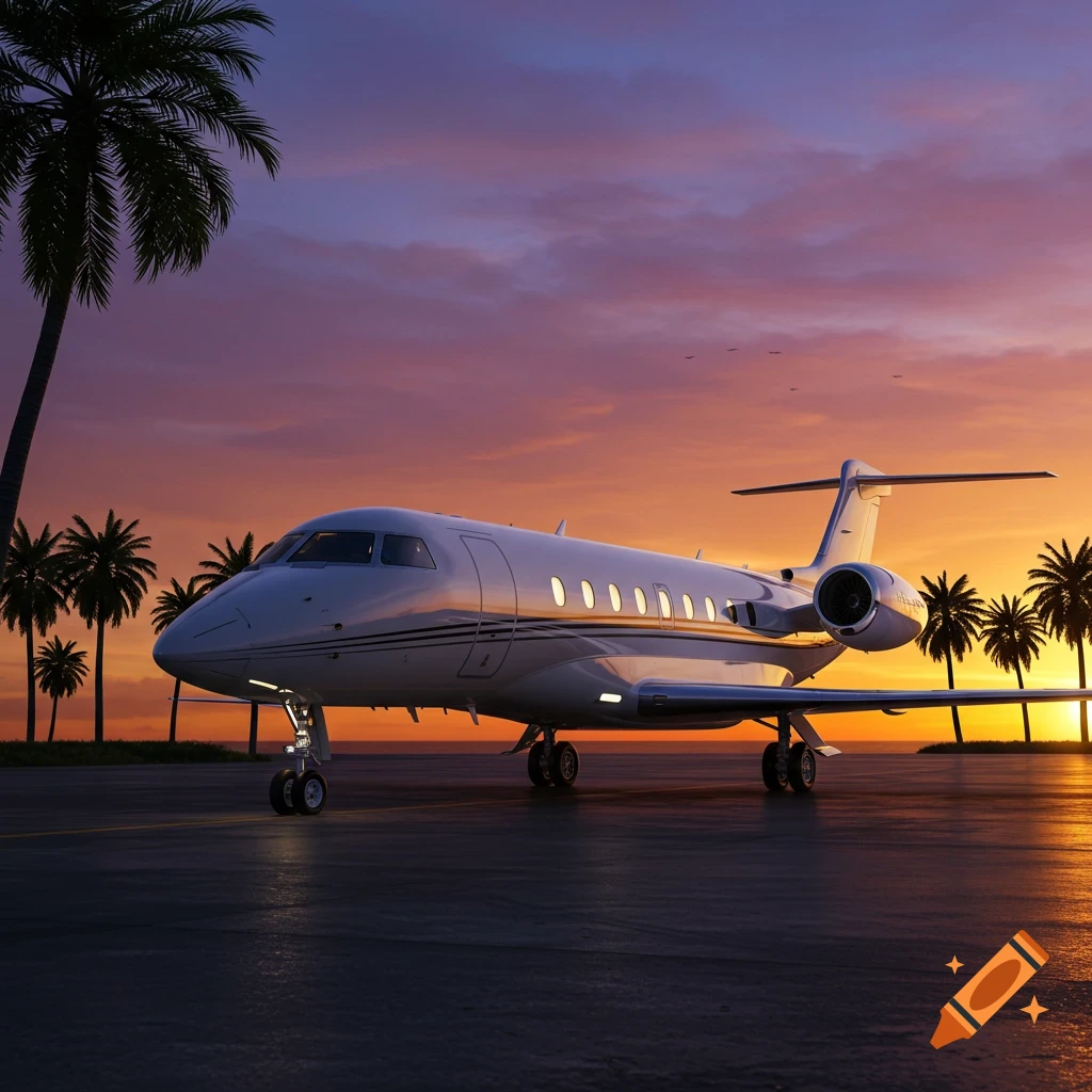 A photorealistic private jet parked on an tarmac against a vibrant sunset sky with palm trees.