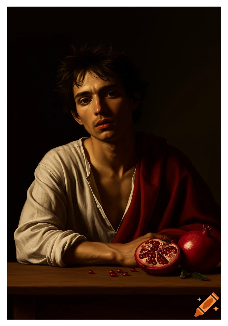 A somber young man in a white shirt and red drape sits at a table with pomegranates, in the chiaroscuro painting style of Caravaggio.