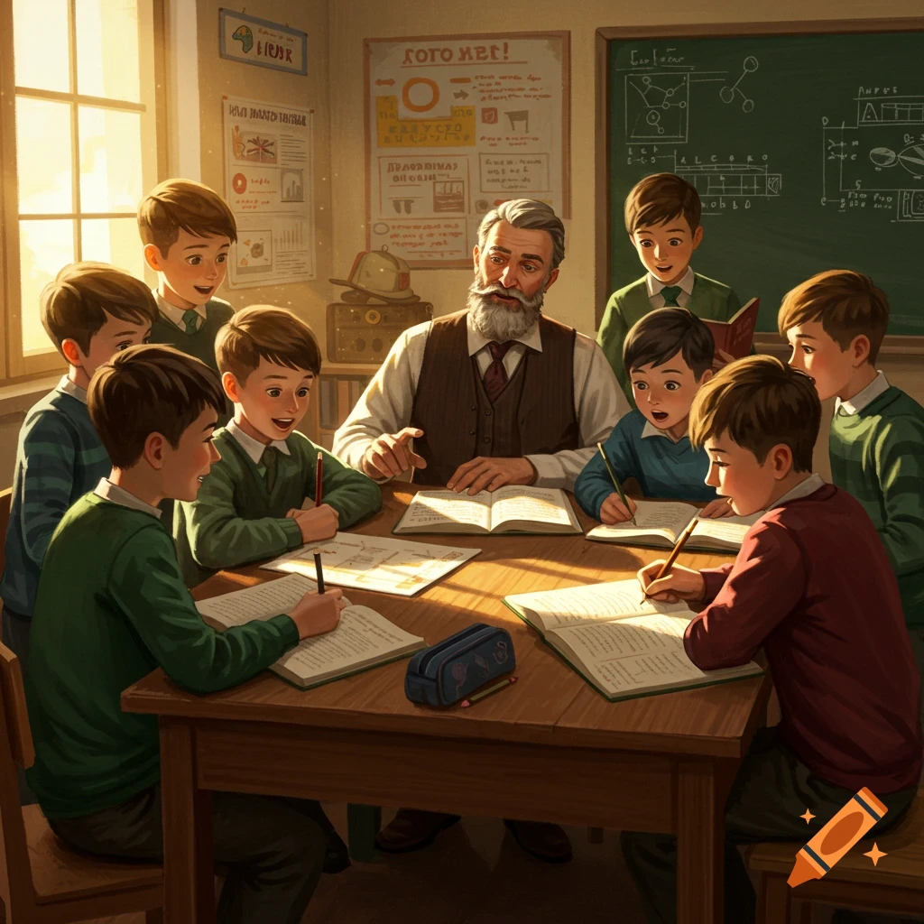 An old man with a beard teaches a group of young boys sitting around a table in a sunlit classroom, with some boys writing in notebooks.