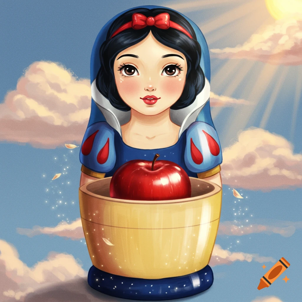 Stylized illustration of a Snow White matryoshka doll, her upper half holding a red apple within its open lower half, set against a cloudy blue sky with a shining sun.