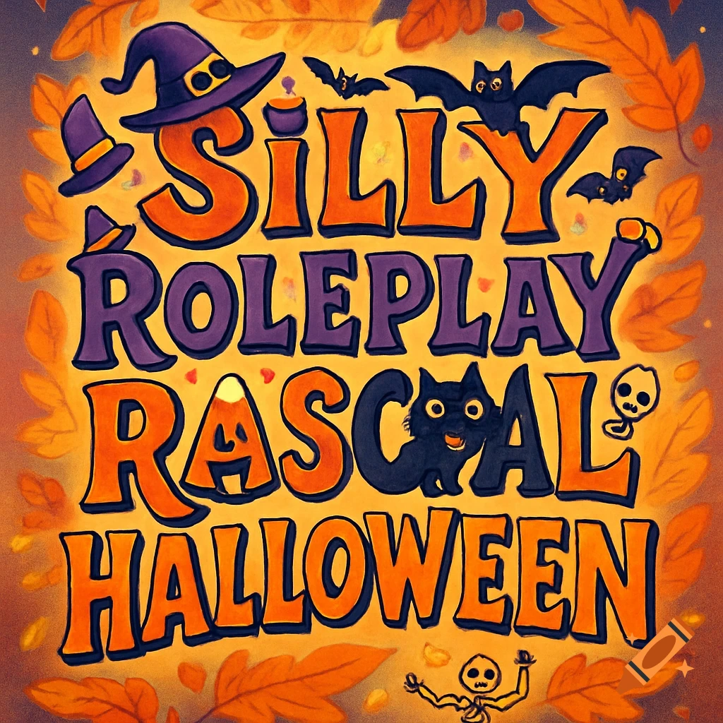 A colorful Halloween graphic with orange and purple text saying "Silly Roleplay Rascal Halloween," surrounded by autumn leaves, bats, witch hats, a black cat, candy corn, and skeletons.
