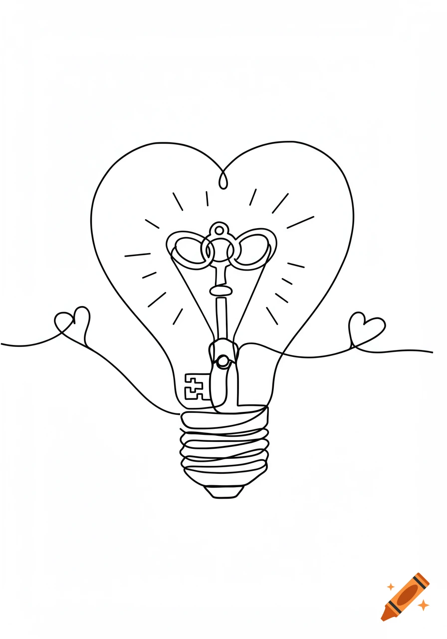 Black and white continuous line art drawing of a heart-shaped lightbulb with a key as its filament, on a white background.