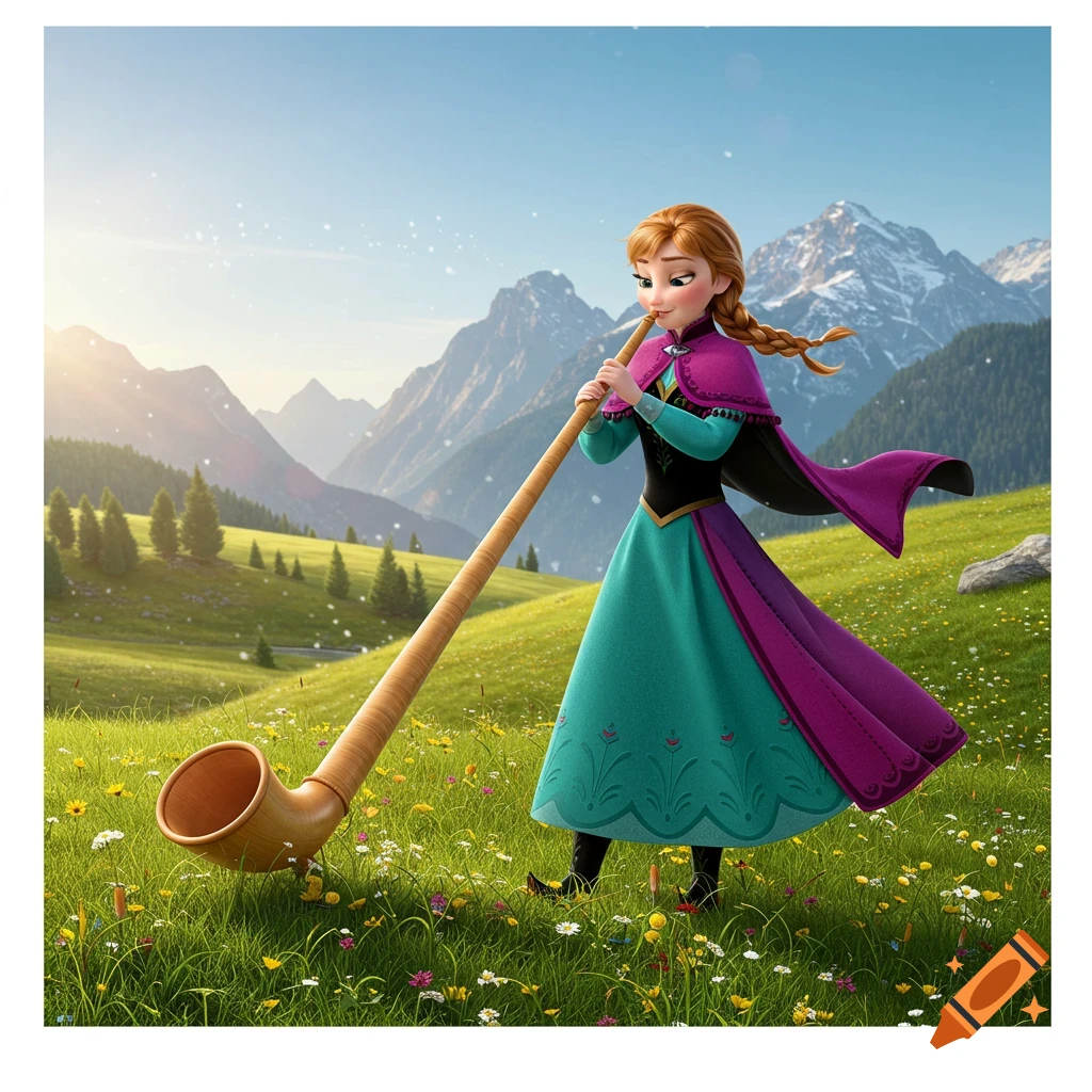 Anna of Arendelle plays a long alphorn in a vibrant green mountain meadow with snow-capped peaks under a blue sky, in a cartoon style.