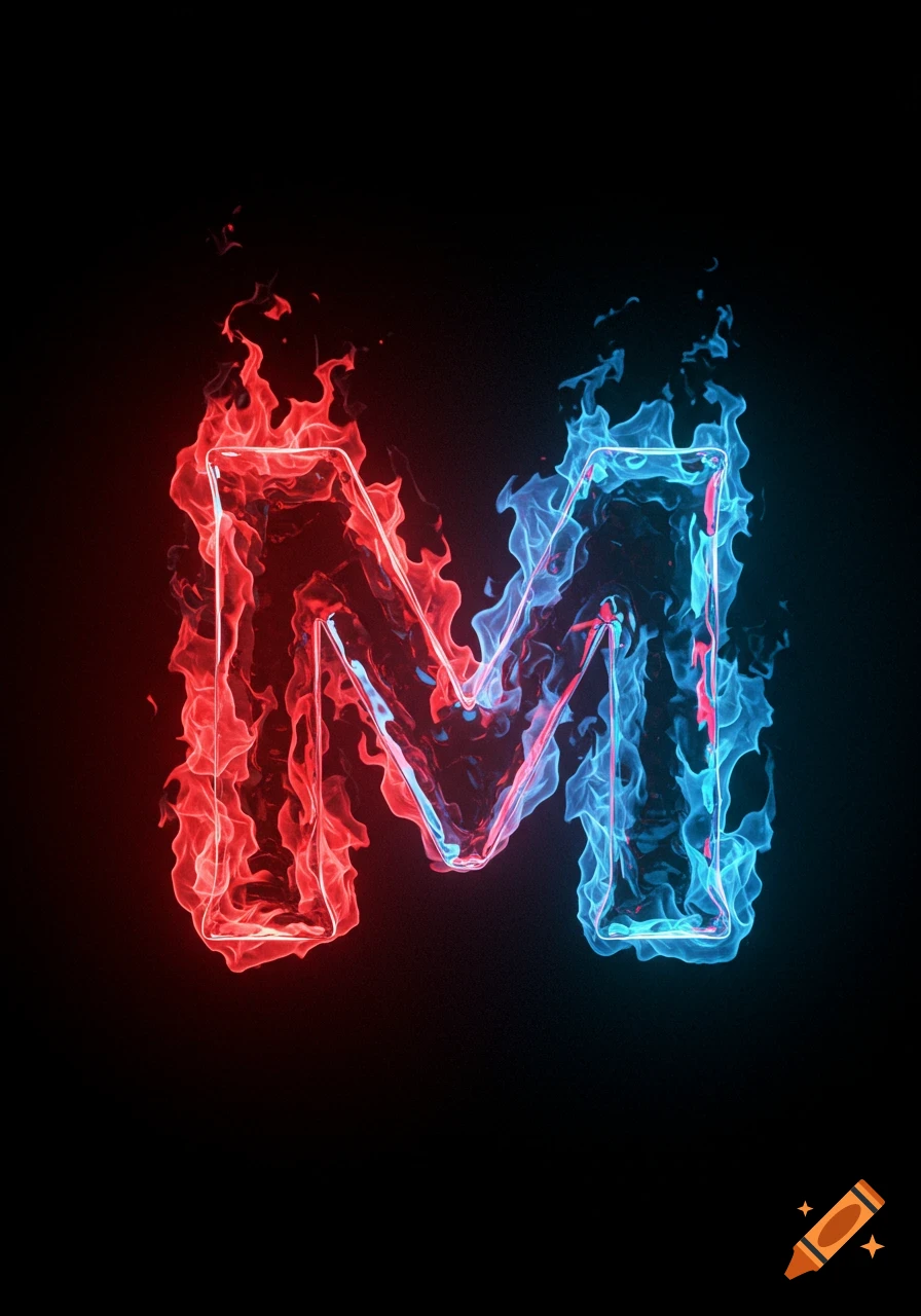 A fiery 3D glass letter 'M' with red flames on the left and blue flames on the right on a black background.