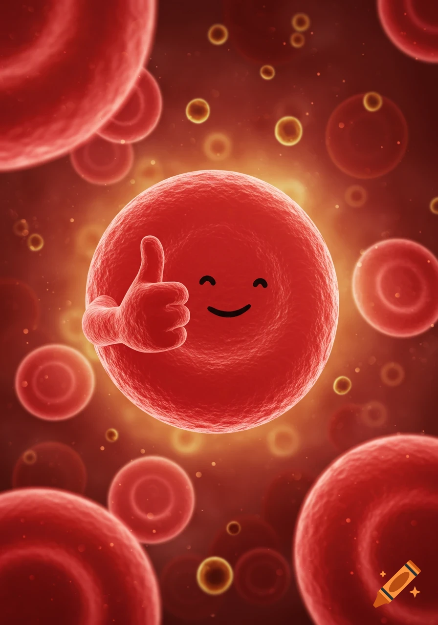 A happy, stylized red blood cell with a face gives a thumbs up, surrounded by other red blood cells in a 3D scientific illustration.