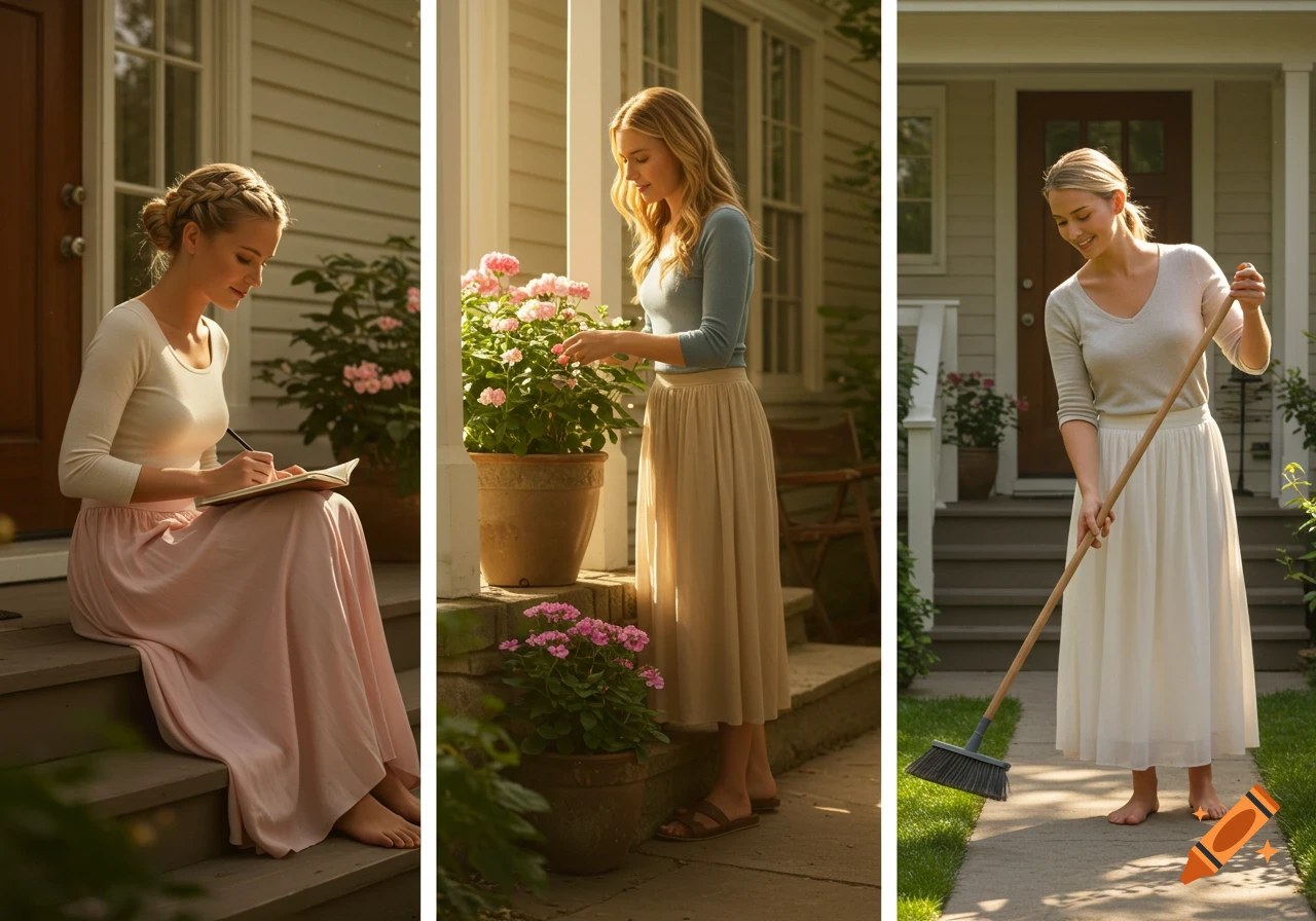 Three photorealistic women on a sunny porch: one journaling, one tending plants, and one sweeping a walkway.
