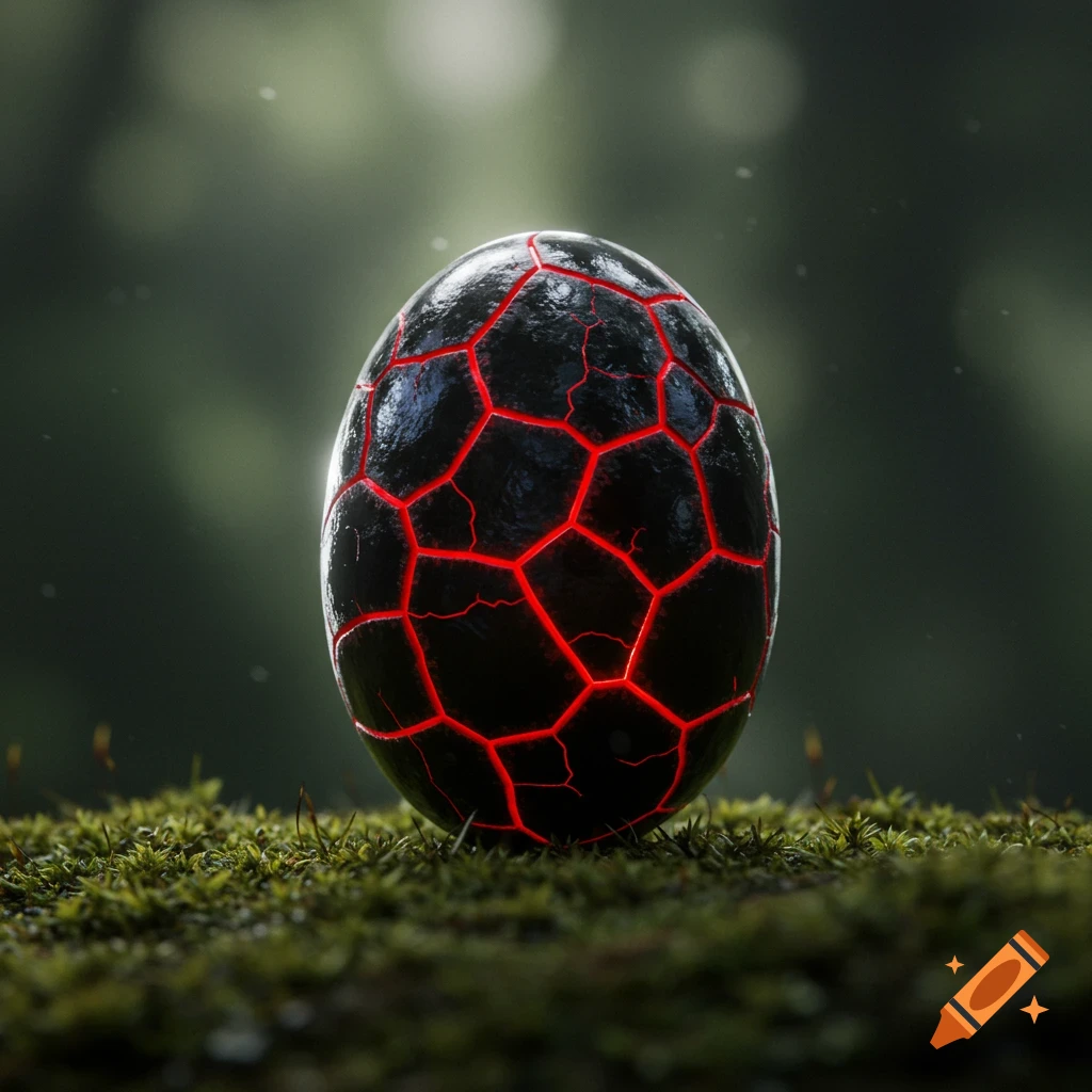 A dark, cracked, egg-shaped stone with glowing red lines rests on lush green moss, with a blurred forest background.