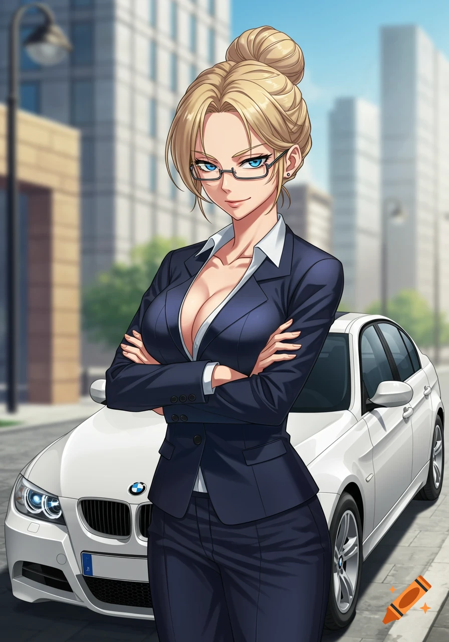 A blonde anime woman with glasses and a bun, wearing a low-cut business suit, stands with arms crossed in front of a white BMW sedan on a city street.