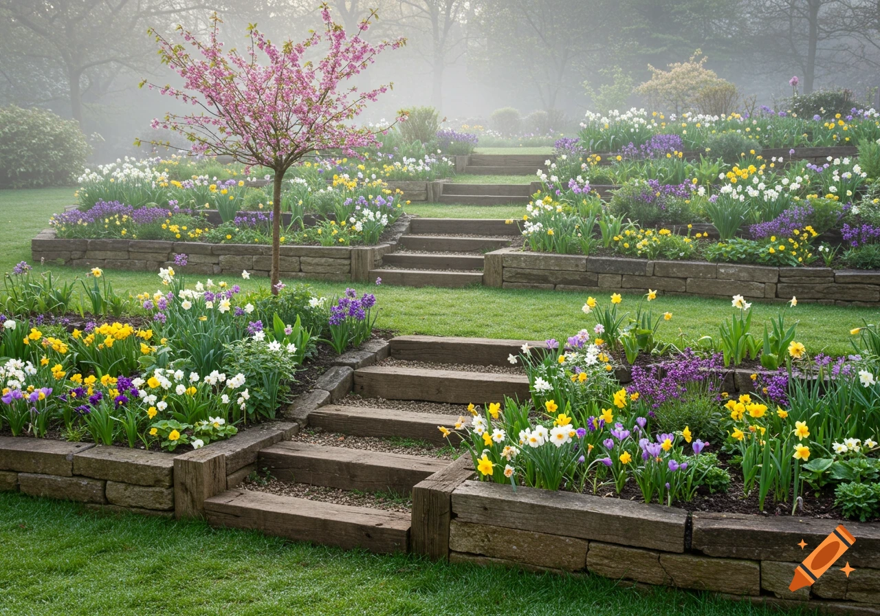 A picturesque terraced garden with wooden steps, vibrant yellow, white, and purple flowers, a pink blooming tree, and a misty morning atmosphere.