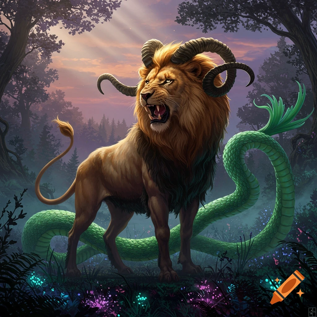 A majestic chimera with a lion's body, ram's horns, and a snake's tail roars in a magical forest at sunset.