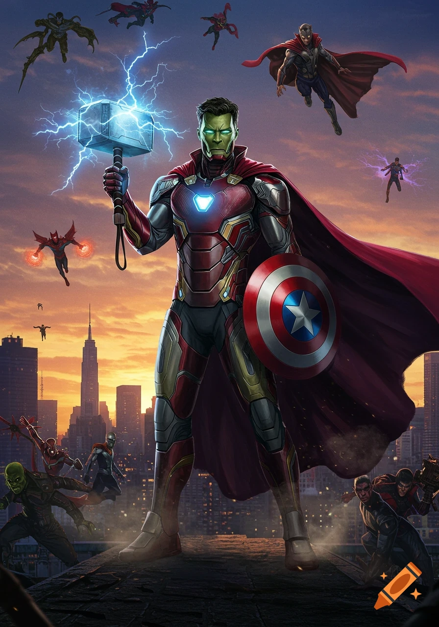 A fusion superhero with Iron Man armor, Hulk's face, holding Thor's Mjolnir and Captain America's shield, stands on a rooftop above a city at sunset with other Marvel characters.