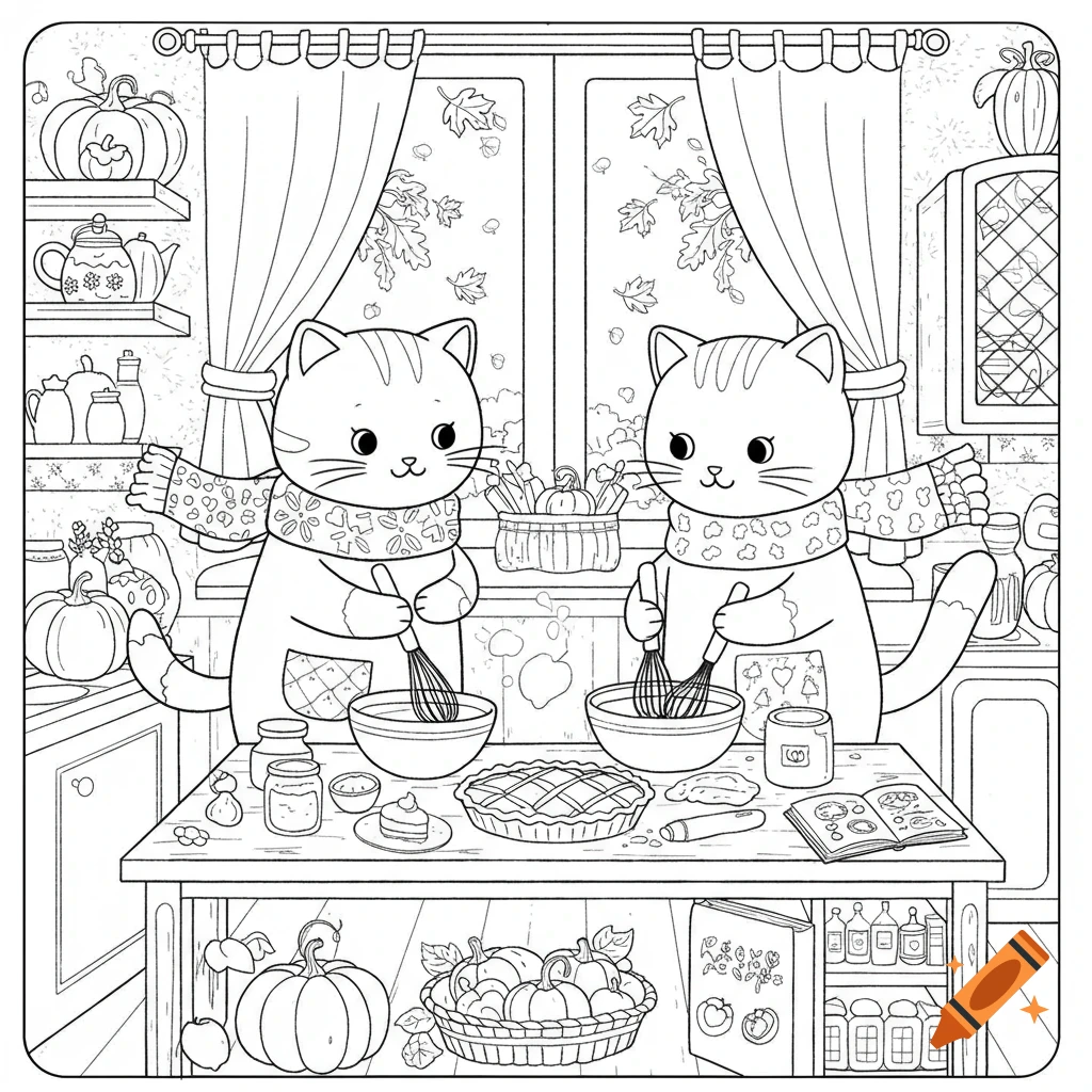 Two cute cartoon cats in scarves bake pumpkin pie in an autumn-themed kitchen, in a detailed coloring page linework style.