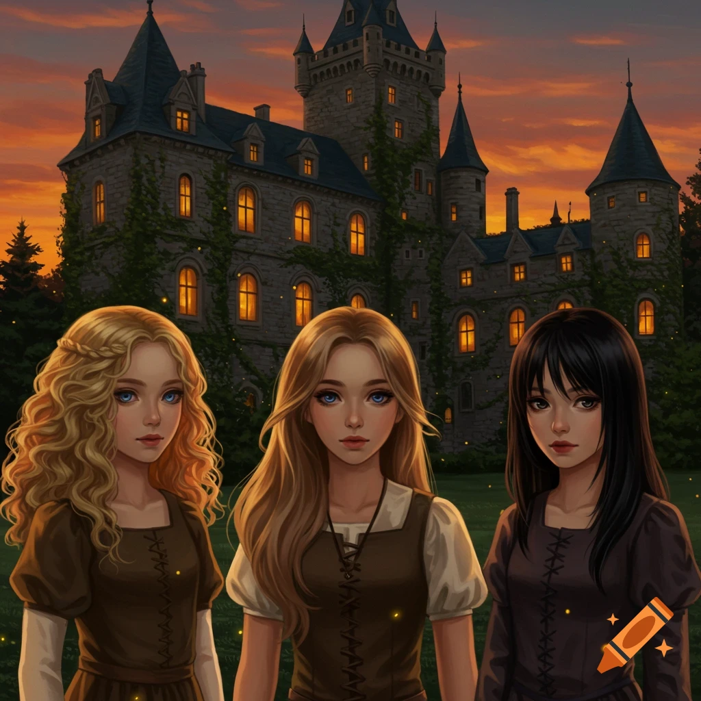 Three anime-style girls with blonde curly, long light brown, and black shoulder-length hair stand in front of a large, ivy-covered castle at sunset.