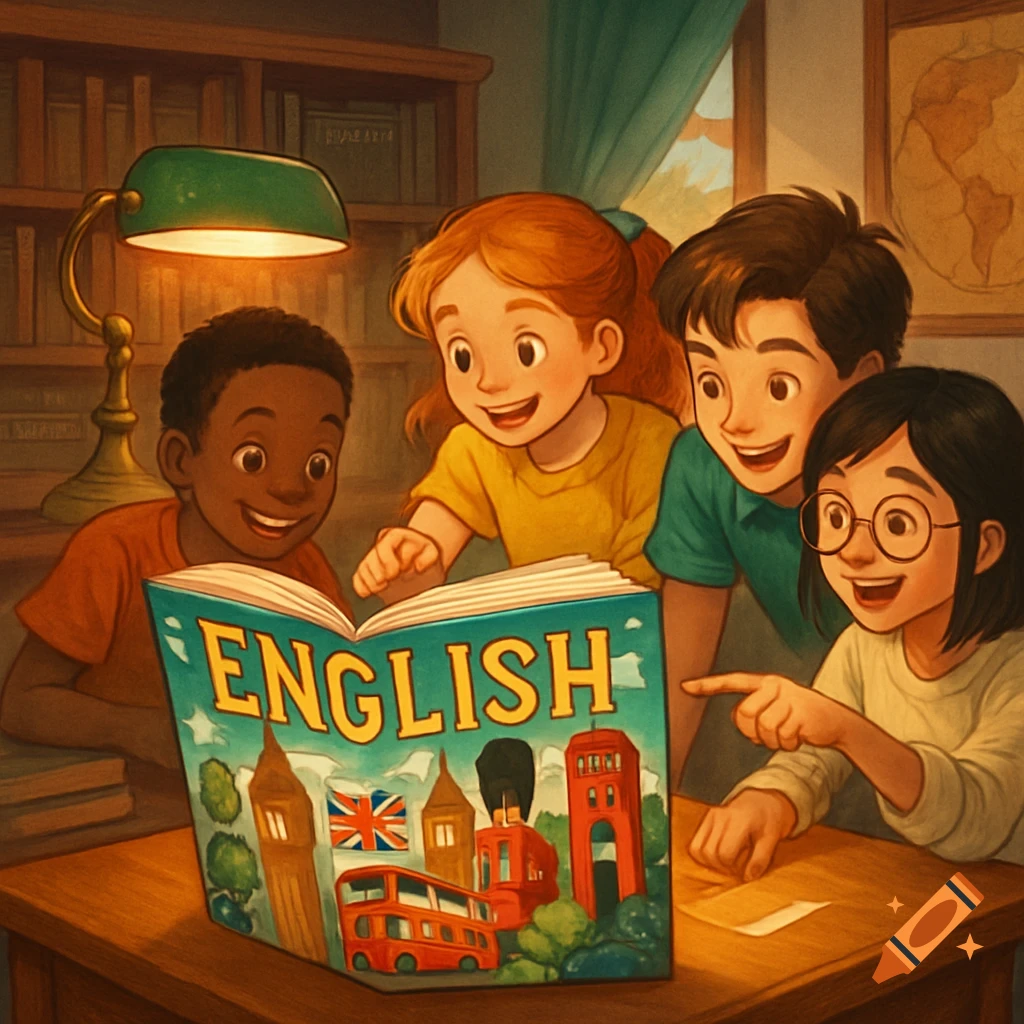 Four smiling diverse children gathered around an open English textbook featuring UK landmarks in a cozy study room, cartoon style.