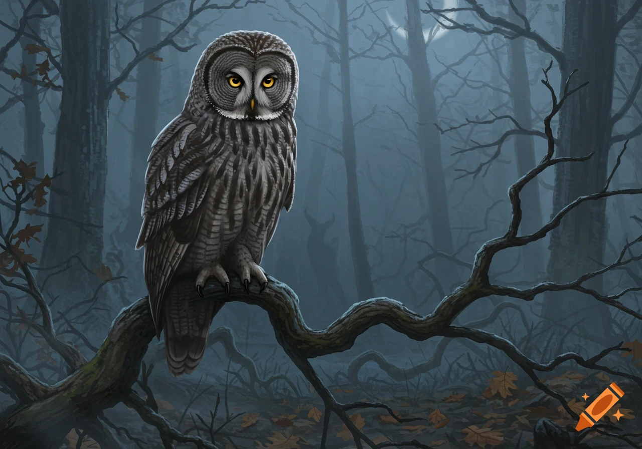A grey owl with bright yellow eyes perched on a bare branch in a dark, misty forest under a full moon.