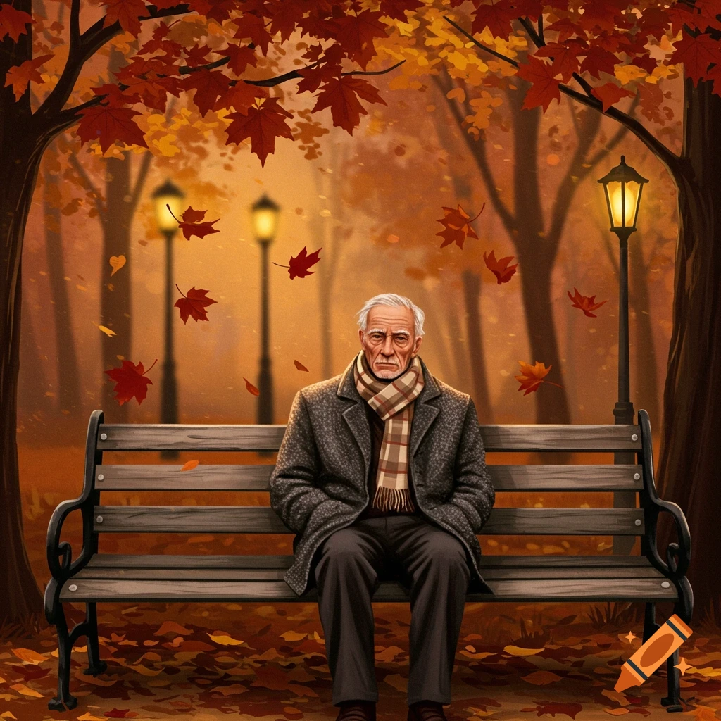 Illustrated old man in a grey coat and plaid scarf sitting on a park bench amidst falling autumn leaves and lampposts.