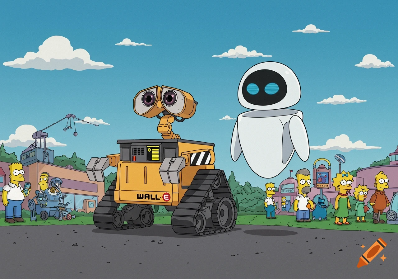 Cartoon crossover of Wall-E and Eve with the Simpsons family in their town.