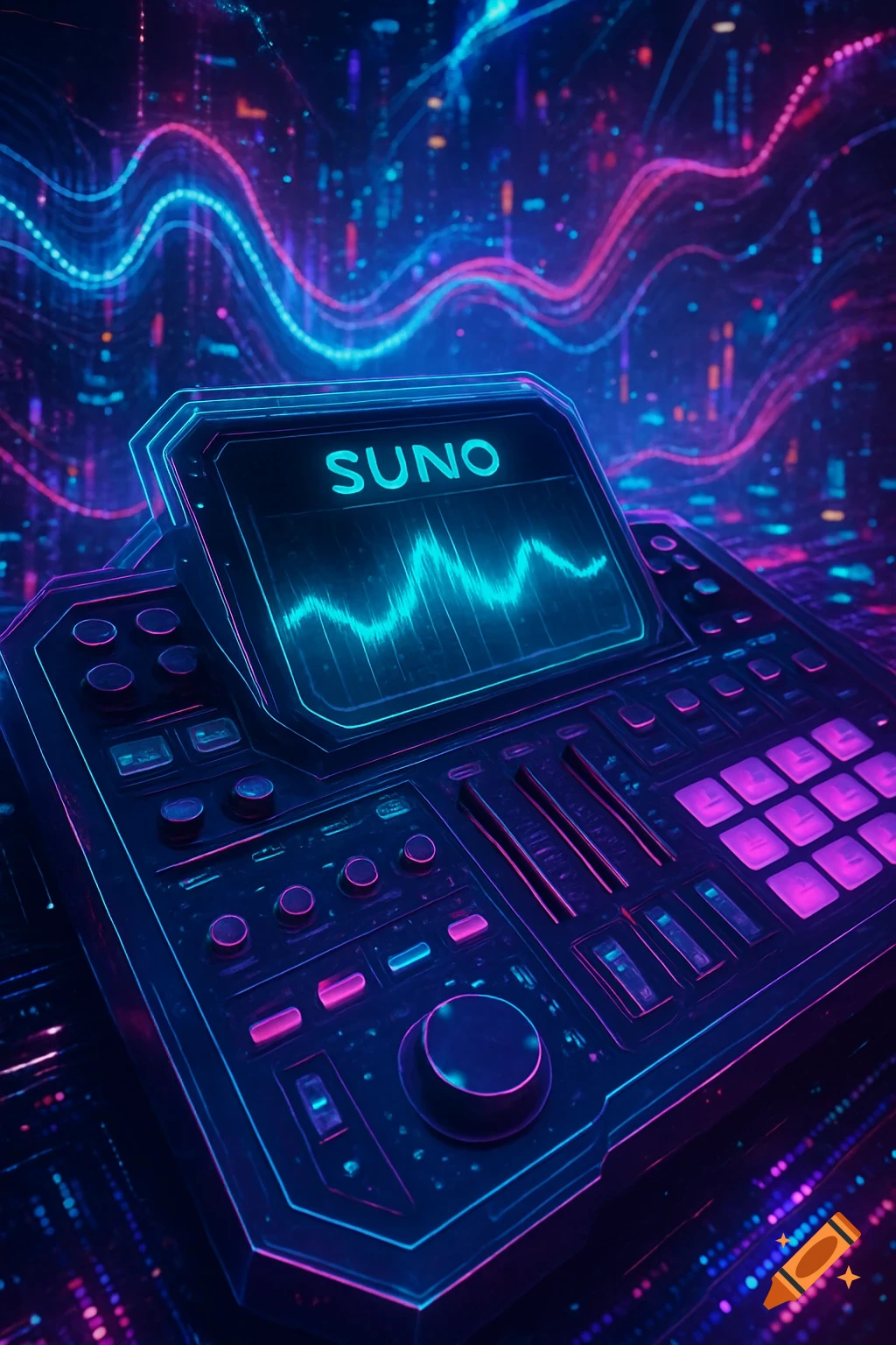A futuristic music maker device with a screen displaying 'SUNO' and a bright blue waveform, surrounded by glowing neon lines and lights.