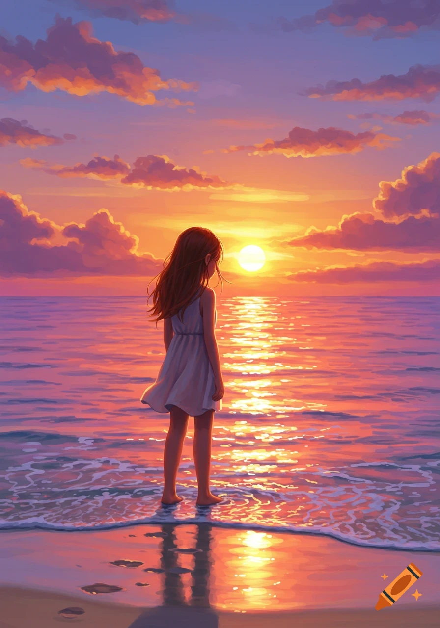 An anime illustration of a girl standing at the beach, admiring the vibrant sunset over the ocean.