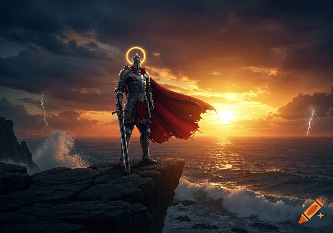 An armored knight with a glowing halo stands on a rocky cliff overlooking a stormy ocean with lightning at sunset.