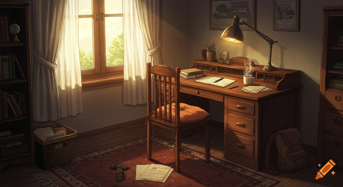 Anime-style illustration of a cozy study room with a wooden desk, chair, and a window with white curtains letting in warm sunlight.