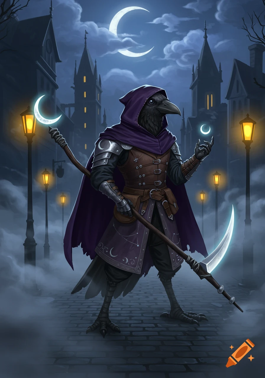 A stylized Kenku twilight cleric in a purple cloak and leather armor, holding a crescent moon scythe in a foggy night city.