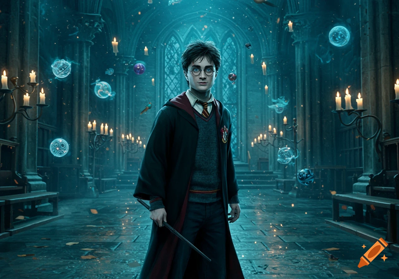 Harry Potter stands in a dark, atmospheric Hogwarts hall filled with floating candles and glowing orbs, holding his wand.