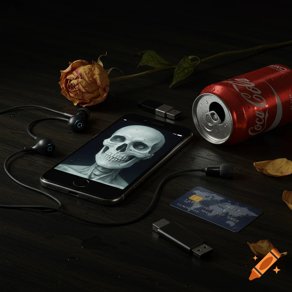 A dark, photorealistic still life featuring a smartphone with a skull, a wilted rose, a Coca-Cola can, headphones, USB drives, and a credit card.