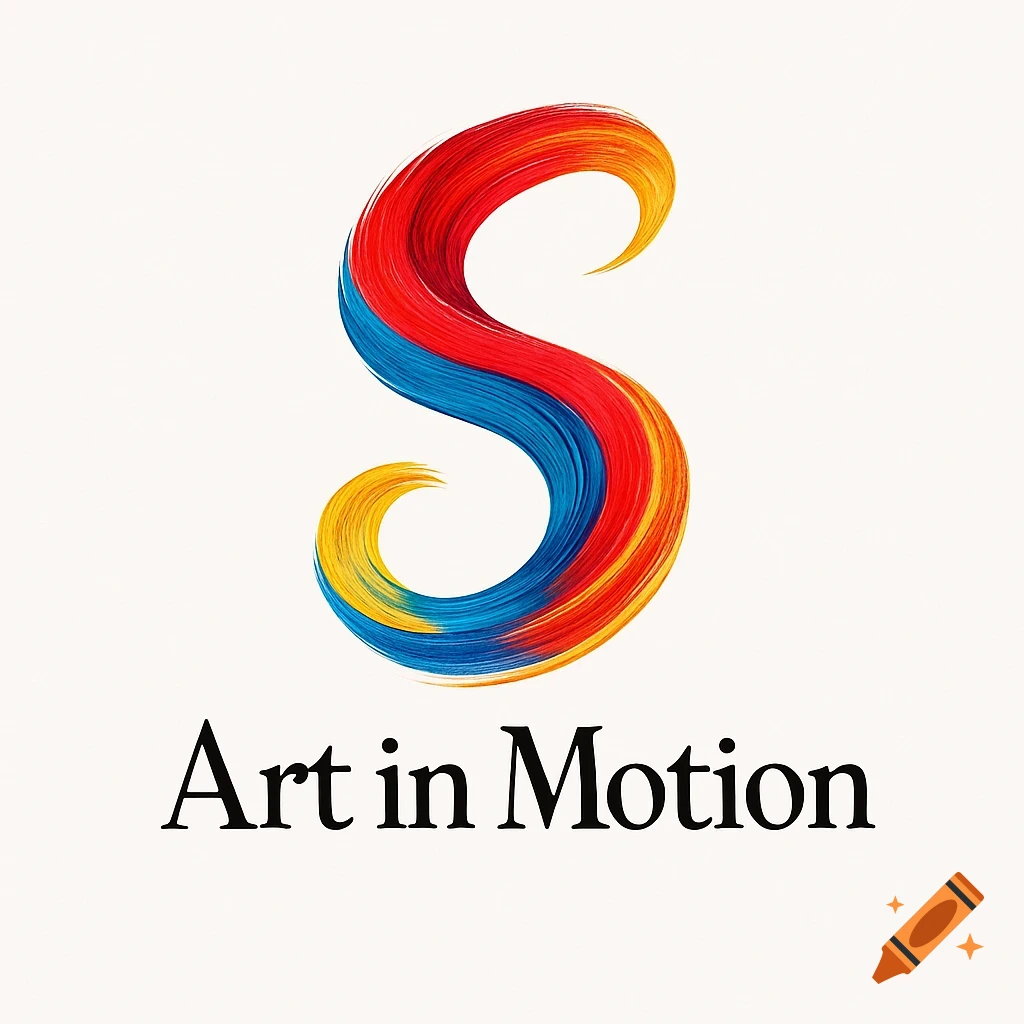 A logo with a colorful, stylized letter S made of red, blue, and yellow paint strokes, above the text 'Art in Motion' in black serif font on a white background.