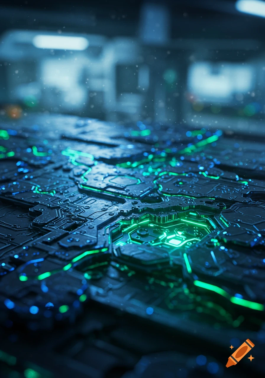 A close-up of a dark, intricate circuit board-like surface with glowing green and blue bionic patterns and light particles.