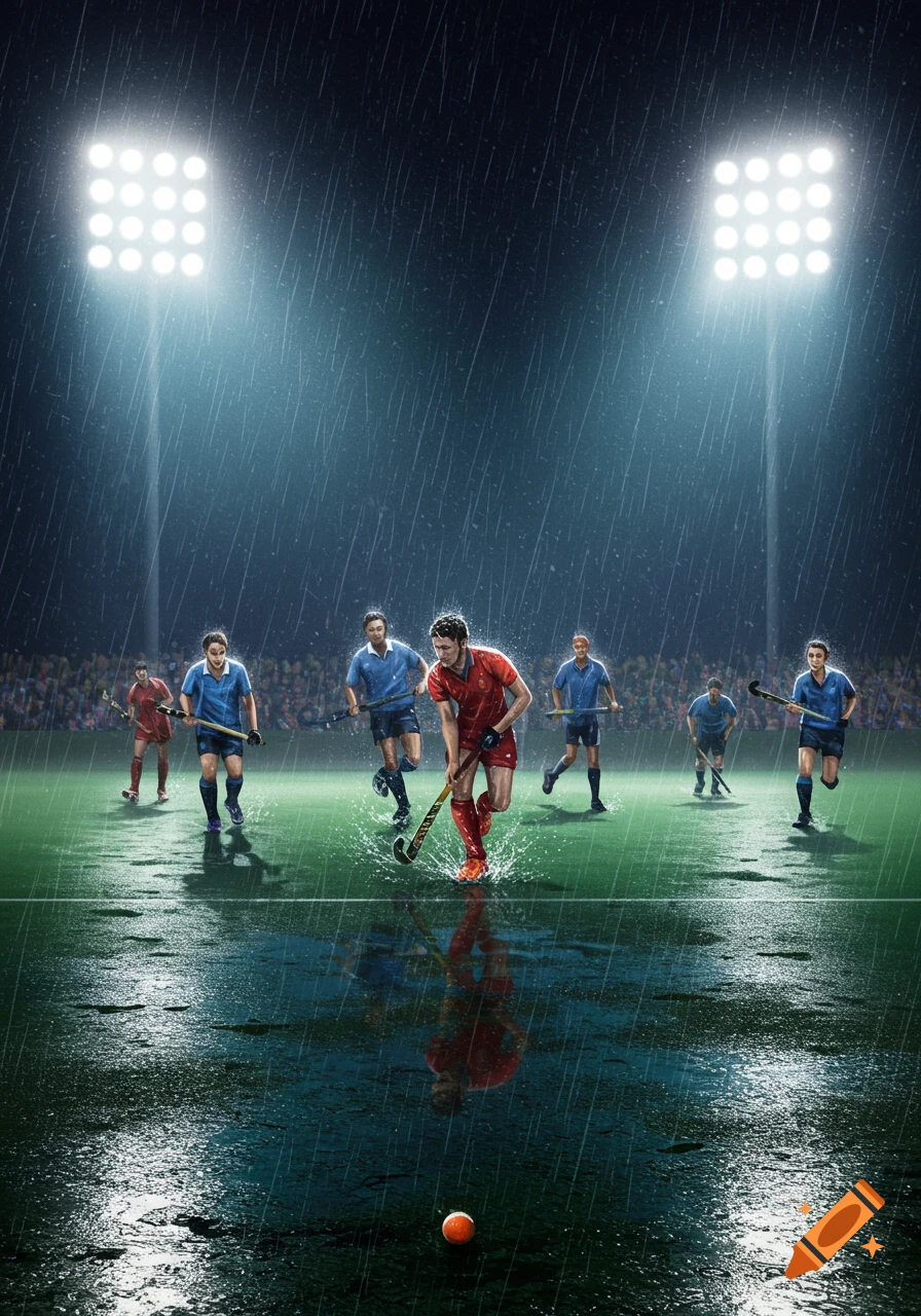 Night field hockey game in heavy rain with players running on a wet, illuminated field under stadium lights.