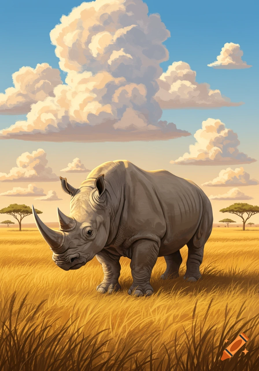 Stylized illustration of a white rhinoceros standing in golden savanna grass under a blue sky with fluffy clouds.