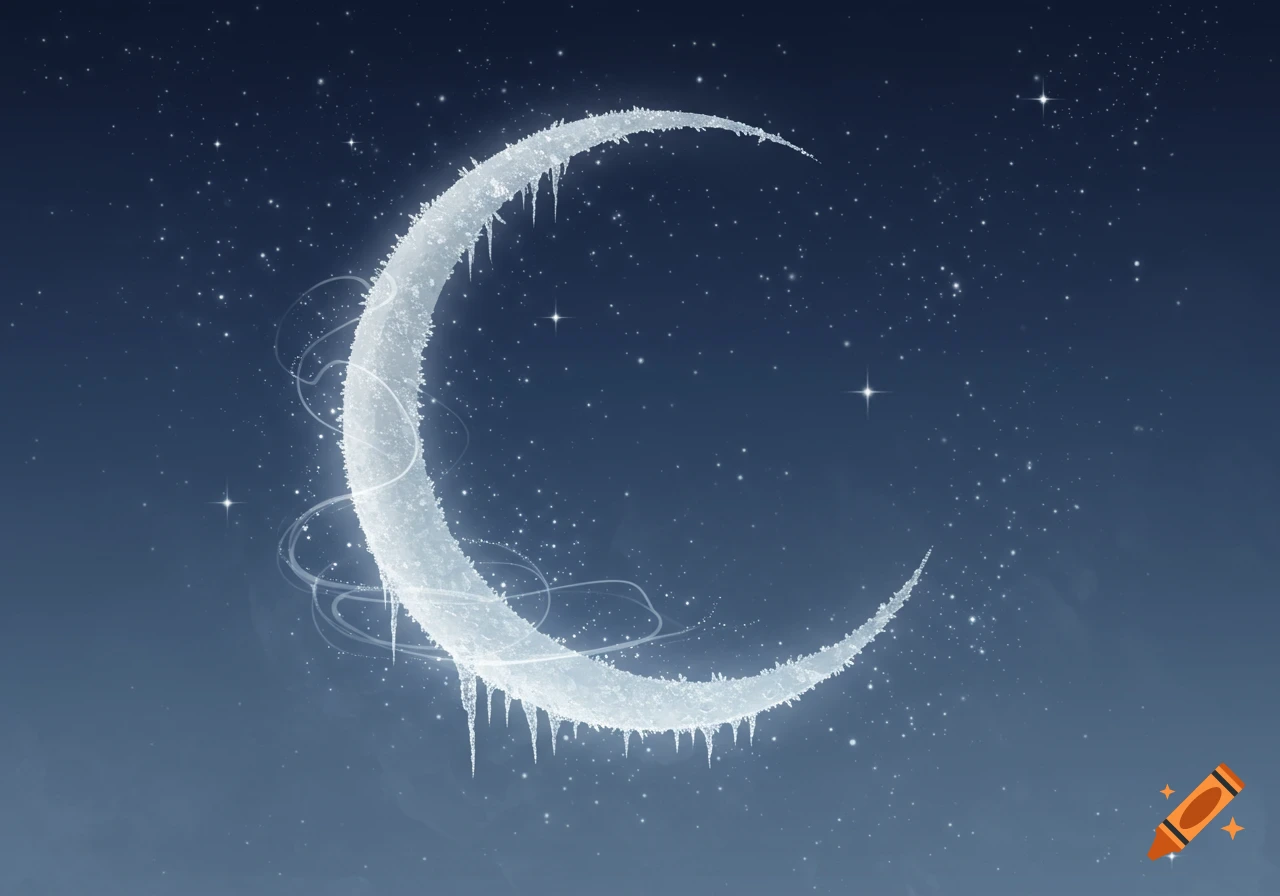 A crescent moon covered in frost and icicles glows in a dark blue starry night sky with ethereal wisps.